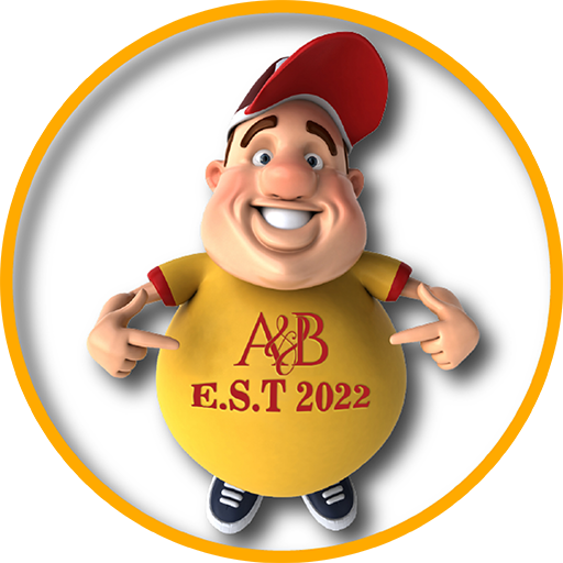 Cartoon fat man in a yellow t-shirt with A&B est 2002 written on front surrounded by yellow circle.